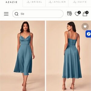 Azazie Teal Blue V-Neck Midi Dress